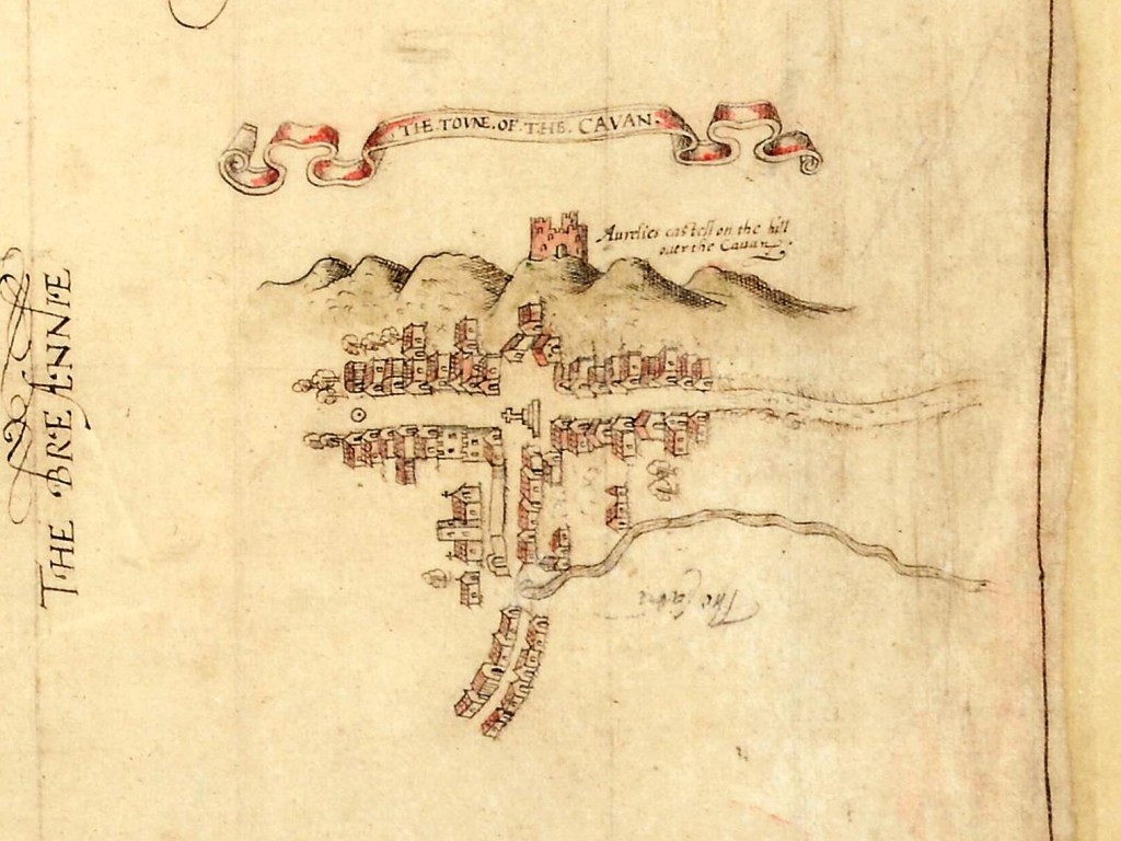 A 1571 map of Cavan showing the O’Reilly castle of Tulach Mongáin  (https://upload.wikimedia.org/wikipedia/commons/1/13/Cavan_Towne_Map_1591.jpg).